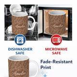 Personalized Custom Name Elegant White Paisley Pattern Warm Caramel Brown Gradient 11oz Ceramic Coffee Tea Mug White Large Handle