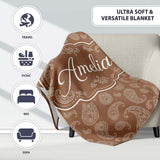 Elegant White Paisley Pattern Warm Caramel Brown Gradient  Personalised Custom Name Super Soft Fleece Blanket Bed Sofa Throw