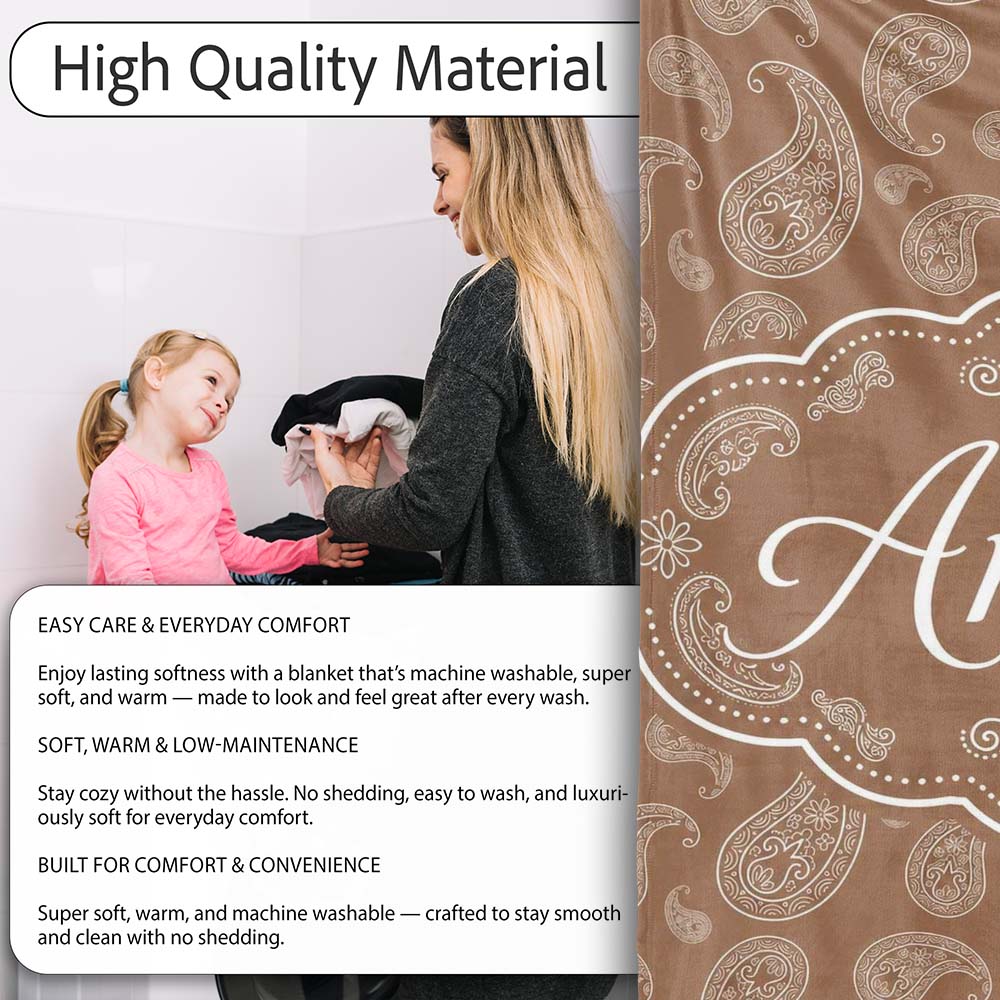 Elegant White Paisley Pattern Warm Caramel Brown Gradient  Personalised Custom Name Super Soft Fleece Blanket Bed Sofa Throw