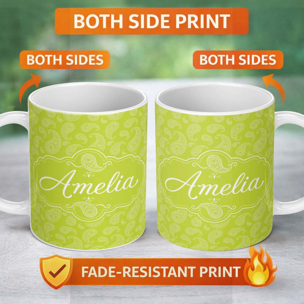 Personalized Custom Name Elegant White Paisley Pattern Fresh Green Gradient Background 11oz Ceramic Coffee Tea Mug White Large Handle