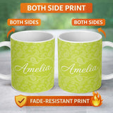 Personalized Custom Name Elegant White Paisley Pattern Fresh Green Gradient Background 11oz Ceramic Coffee Tea Mug White Large Handle