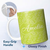 Personalized Custom Name Elegant White Paisley Pattern Fresh Green Gradient Background 11oz Ceramic Coffee Tea Mug White Large Handle