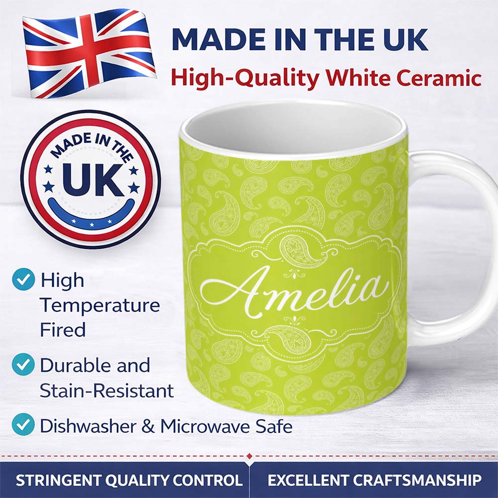 Personalized Custom Name Elegant White Paisley Pattern Fresh Green Gradient Background 11oz Ceramic Coffee Tea Mug White Large Handle