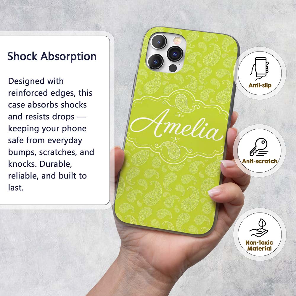 Elegant White Paisley Pattern Printed Design Custom Name Protective Phone Case Mobile Cover Durable Everyday Smartphone Shock Resistant