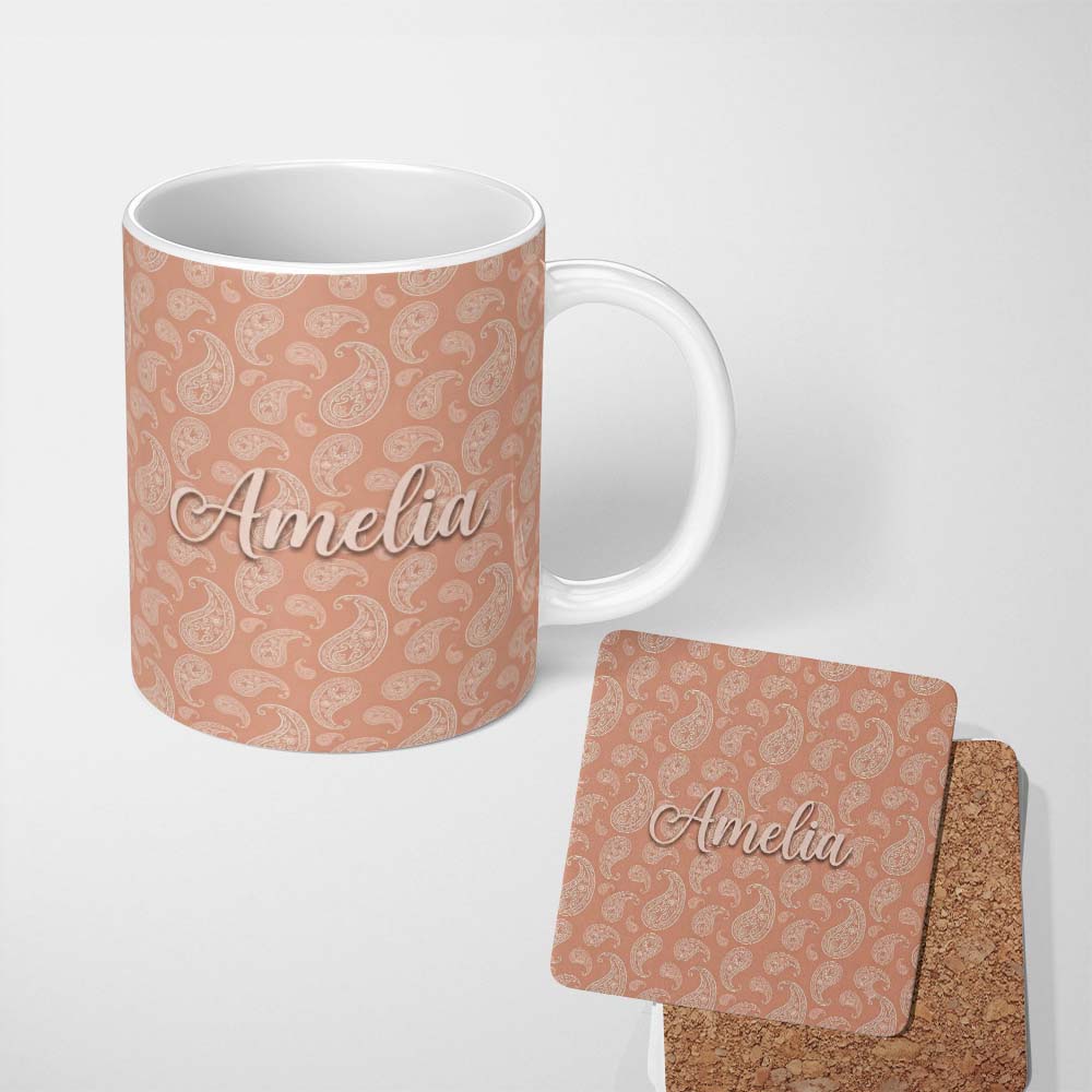 Personalized Custom Name Elegant White Paisley Pattern Warm Beige Brown Gradient Background 11oz Ceramic Coffee Tea Mug White Large Handle
