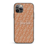 Elegant White Paisley Pattern Golden Tan Gradient Custom Name Protective Phone Case Mobile Cover Durable Everyday Smartphone Shock Resistant