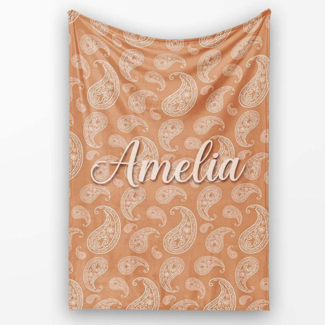 Elegant White Paisley Pattern Golden Tan Gradient Background  Personalised Custom Name Super Soft Fleece Blanket Bed Sofa Throw