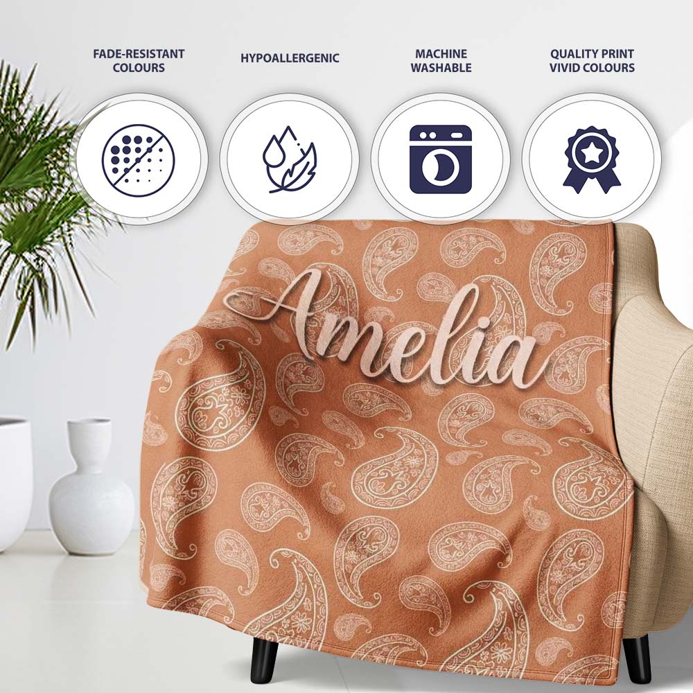 Elegant White Paisley Pattern Golden Tan Gradient Background  Personalised Custom Name Super Soft Fleece Blanket Bed Sofa Throw