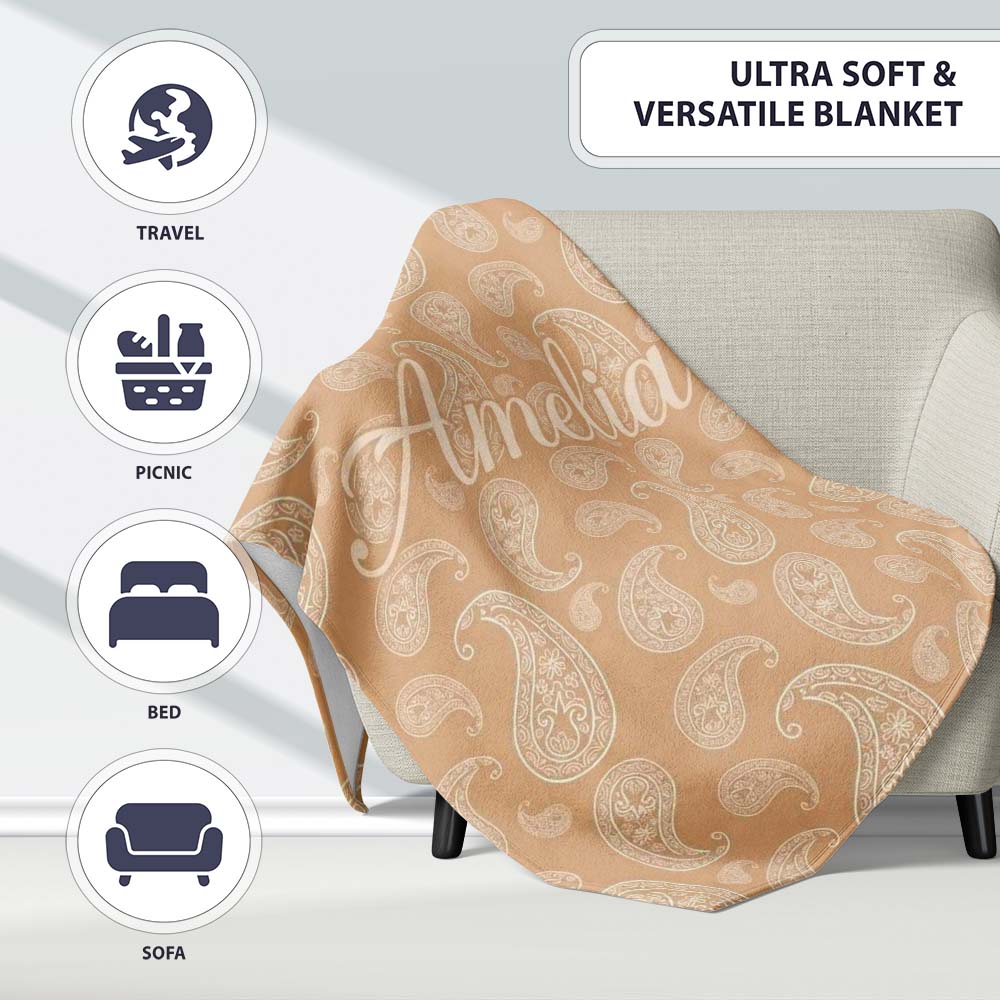 Elegant White Paisley Pattern Soft Golden Beige Gradient Background  Personalised Custom Name Super Soft Fleece Blanket Bed Sofa Throw