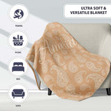 Elegant White Paisley Pattern Soft Golden Beige Gradient Background  Personalised Custom Name Super Soft Fleece Blanket Bed Sofa Throw