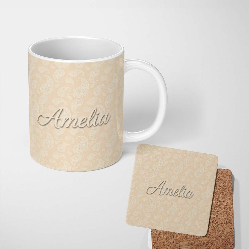Personalized Custom Name Elegant White Paisley Pattern Light Cream Beige Gradient Background 11oz Ceramic Coffee Tea Mug White Large Handle
