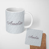 Personalized Custom Name Elegant White Paisley Pattern Smooth Silver Grey Gradient 11oz Ceramic Coffee Tea Mug White Large Handle