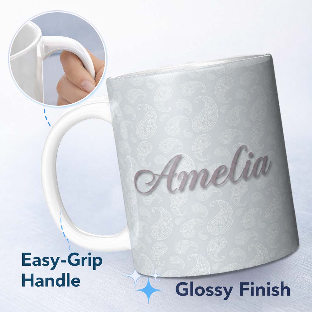 Personalized Custom Name Elegant White Paisley Pattern Smooth Silver Grey Gradient 11oz Ceramic Coffee Tea Mug White Large Handle