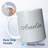 Personalized Custom Name Elegant White Paisley Pattern Smooth Silver Grey Gradient 11oz Ceramic Coffee Tea Mug White Large Handle