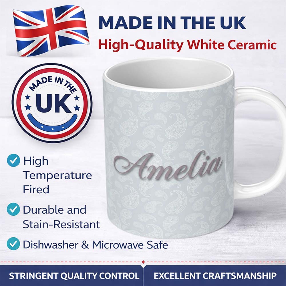 Personalized Custom Name Elegant White Paisley Pattern Smooth Silver Grey Gradient 11oz Ceramic Coffee Tea Mug White Large Handle