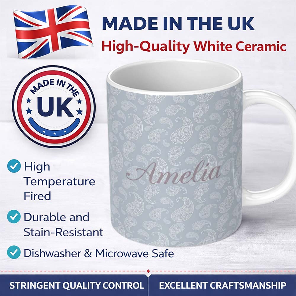 Personalized Custom Name Elegant White Paisley Pattern Cool Steel Grey Gradient Background 11oz Ceramic Coffee Tea Mug White Large Handle