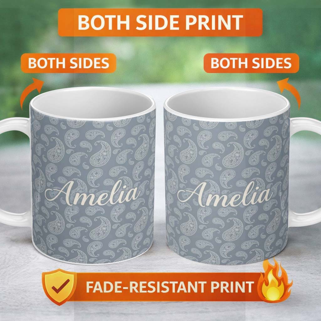 Personalized Custom Name Elegant White Paisley Pattern Muted Slate Grey Gradient Background 11oz Ceramic Coffee Tea Mug White Large Handle