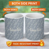 Personalized Custom Name Elegant White Paisley Pattern Muted Slate Grey Gradient Background 11oz Ceramic Coffee Tea Mug White Large Handle