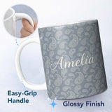 Personalized Custom Name Elegant White Paisley Pattern Muted Slate Grey Gradient Background 11oz Ceramic Coffee Tea Mug White Large Handle