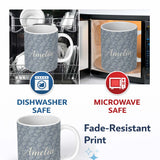 Personalized Custom Name Elegant White Paisley Pattern Muted Slate Grey Gradient Background 11oz Ceramic Coffee Tea Mug White Large Handle