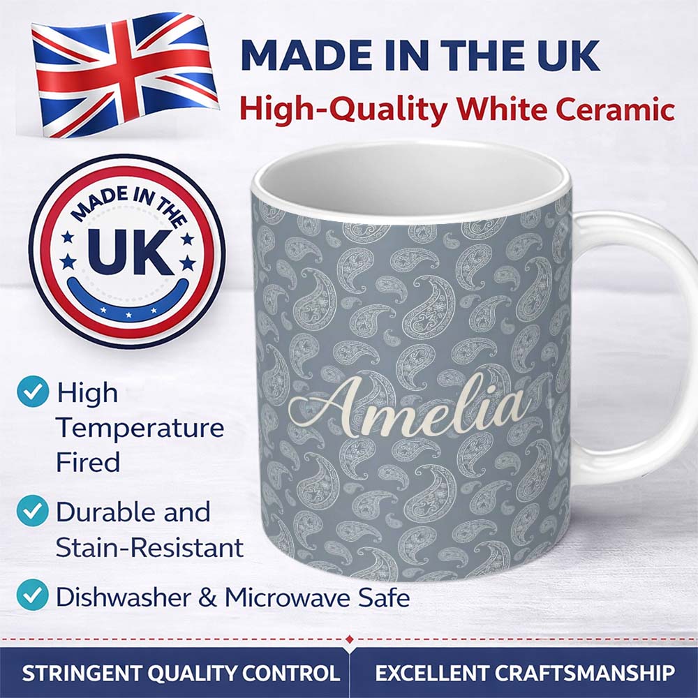 Personalized Custom Name Elegant White Paisley Pattern Muted Slate Grey Gradient Background 11oz Ceramic Coffee Tea Mug White Large Handle