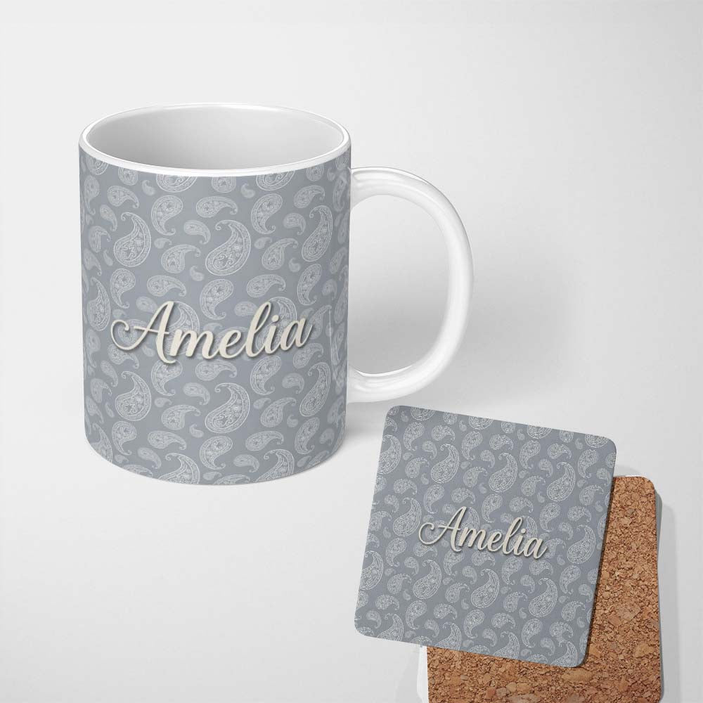 Personalized Custom Name Elegant White Paisley Pattern Deep Charcoal Grey Gradient 11oz Ceramic Coffee Tea Mug White Large Handle
