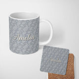 Personalized Custom Name Elegant White Paisley Pattern Deep Charcoal Grey Gradient 11oz Ceramic Coffee Tea Mug White Large Handle