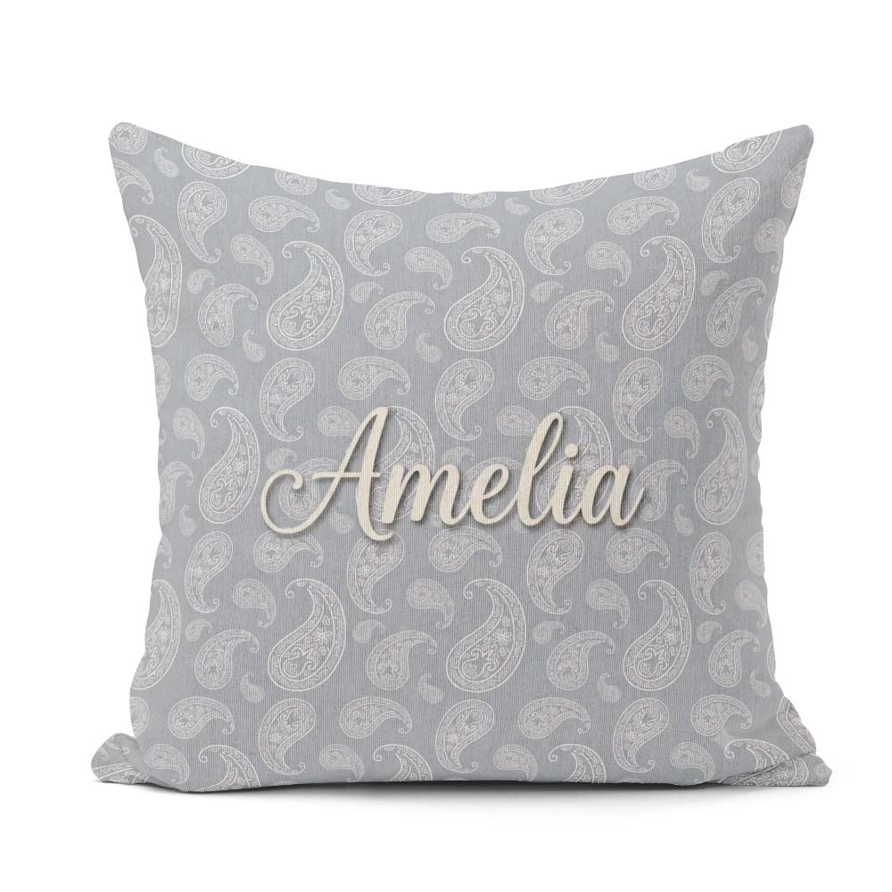Custom Name Elegant White Paisley Pattern Deep Charcoal Gradient Square Filled Cushion Throw Pillow Sofa Bed Home Decor Zip Washable UK Made