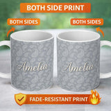 Personalized Custom Name Elegant White Paisley Pattern Deep Charcoal Grey Gradient 11oz Ceramic Coffee Tea Mug White Large Handle