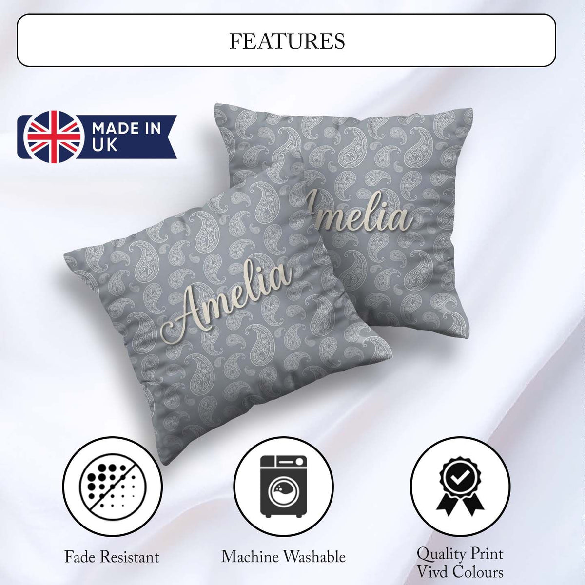 Custom Name Elegant White Paisley Pattern Deep Charcoal Gradient Square Filled Cushion Throw Pillow Sofa Bed Home Decor Zip Washable UK Made