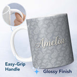 Personalized Custom Name Elegant White Paisley Pattern Deep Charcoal Grey Gradient 11oz Ceramic Coffee Tea Mug White Large Handle