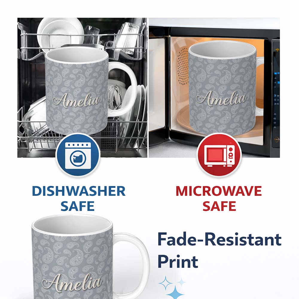 Personalized Custom Name Elegant White Paisley Pattern Deep Charcoal Grey Gradient 11oz Ceramic Coffee Tea Mug White Large Handle
