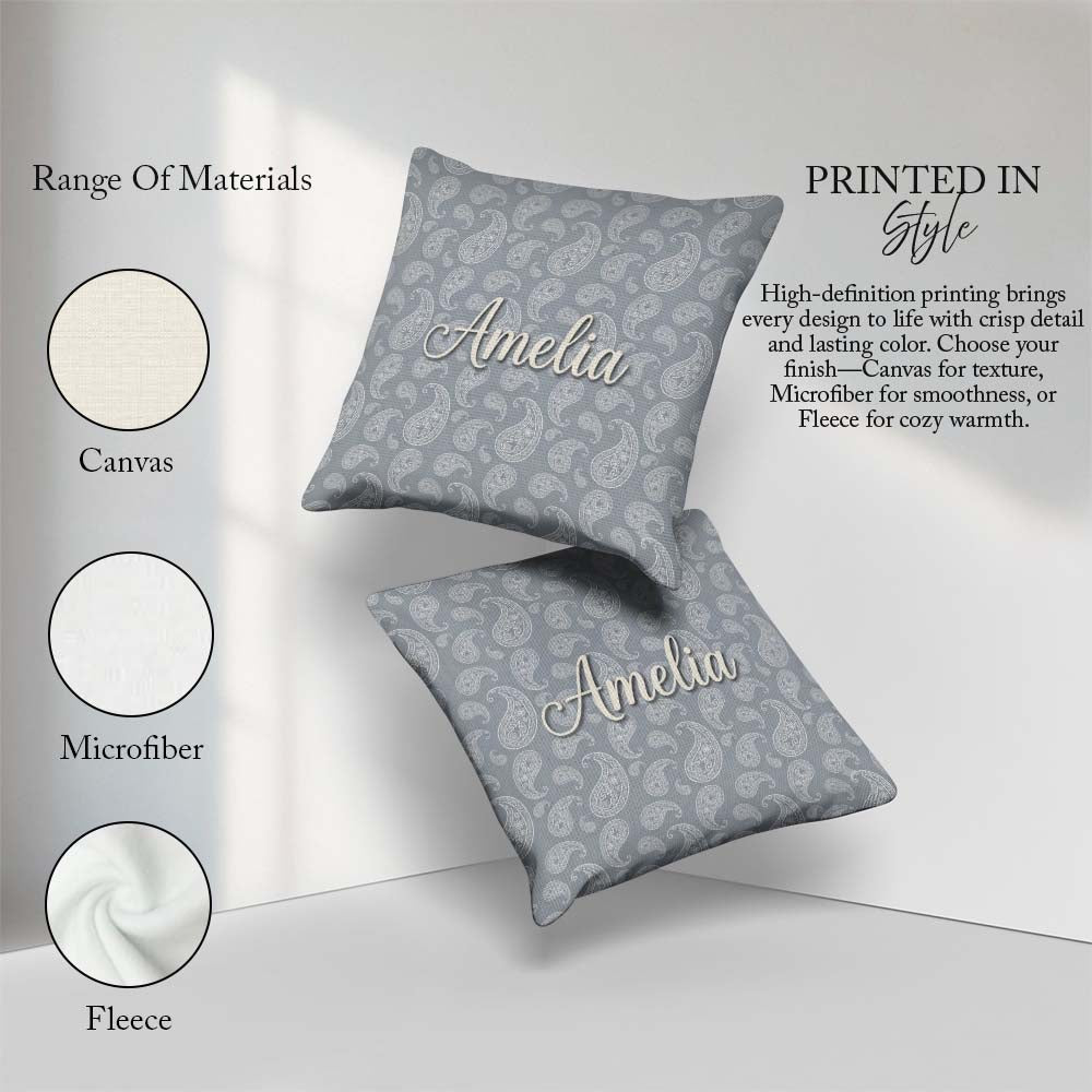 Custom Name Elegant White Paisley Pattern Deep Charcoal Gradient Square Filled Cushion Throw Pillow Sofa Bed Home Decor Zip Washable UK Made