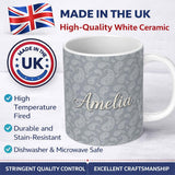 Personalized Custom Name Elegant White Paisley Pattern Deep Charcoal Grey Gradient 11oz Ceramic Coffee Tea Mug White Large Handle