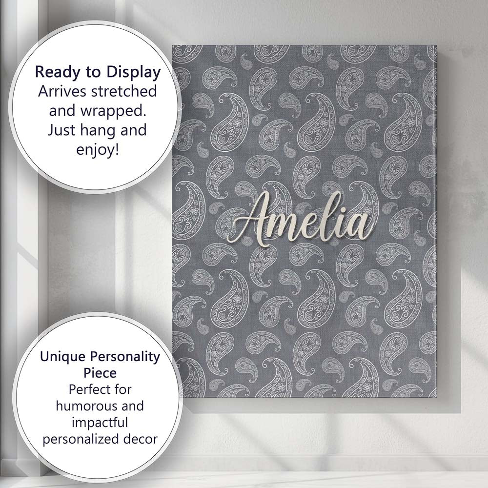 Personalised Name Elegant White Paisley Custom  Unique Gift Idea Modern Room Accent Canvas Wall Art Print Decor Picture Ready to Hang