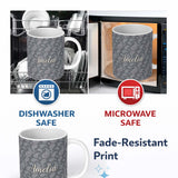 Personalized Custom Name Elegant White Paisley Pattern Dark Graphite Grey Gradient 11oz Ceramic Coffee Tea Mug White Large Handle