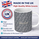Personalized Custom Name Elegant White Paisley Pattern Dark Graphite Grey Gradient 11oz Ceramic Coffee Tea Mug White Large Handle