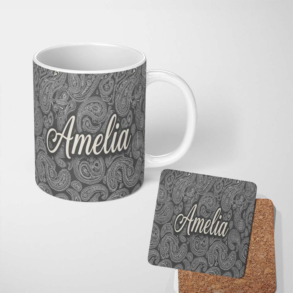 Personalized Custom Name Elegant White Paisley Pattern Rich Black Grey Gradient Background 11oz Ceramic Coffee Tea Mug White Large Handle