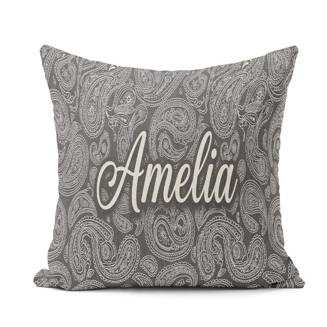 Custom Name Elegant White Paisley Rich Black Gradient Background Square Filled Cushion Throw Pillow Sofa Bed Home Decor Zip Washable UK Made