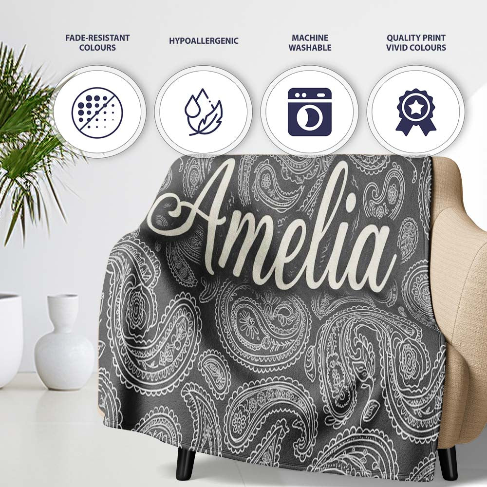 Elegant White Paisley Pattern Rich Black Grey Gradient Background  Personalised Custom Name Super Soft Fleece Blanket Bed Sofa Throw
