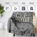 Elegant White Paisley Pattern Rich Black Grey Gradient Background  Personalised Custom Name Super Soft Fleece Blanket Bed Sofa Throw