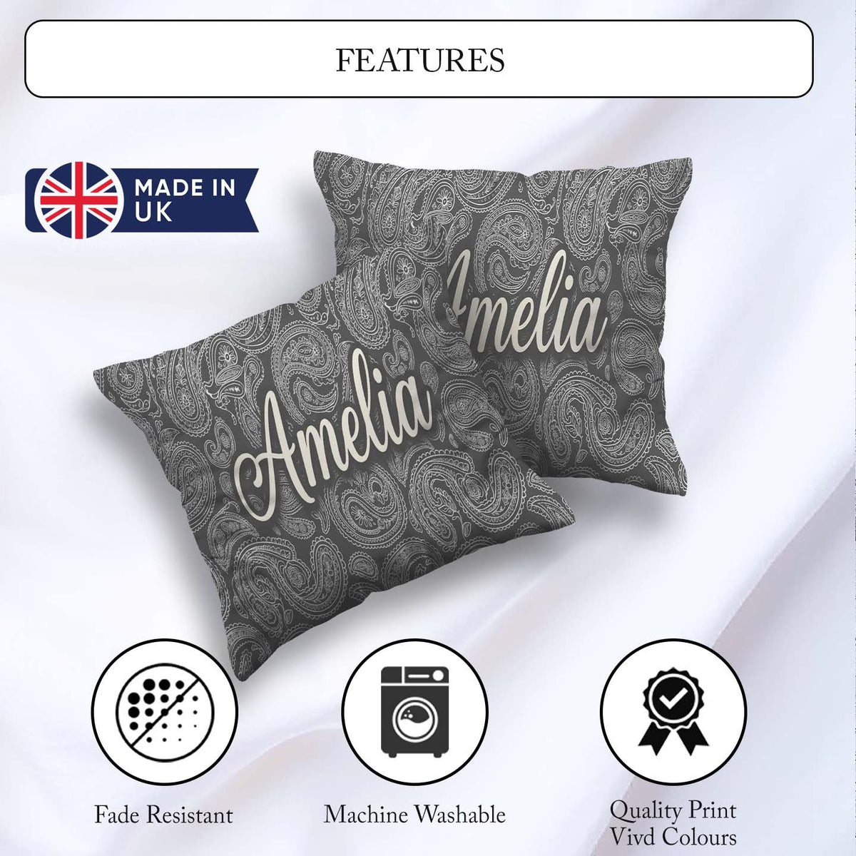Custom Name Elegant White Paisley Rich Black Gradient Background Square Filled Cushion Throw Pillow Sofa Bed Home Decor Zip Washable UK Made