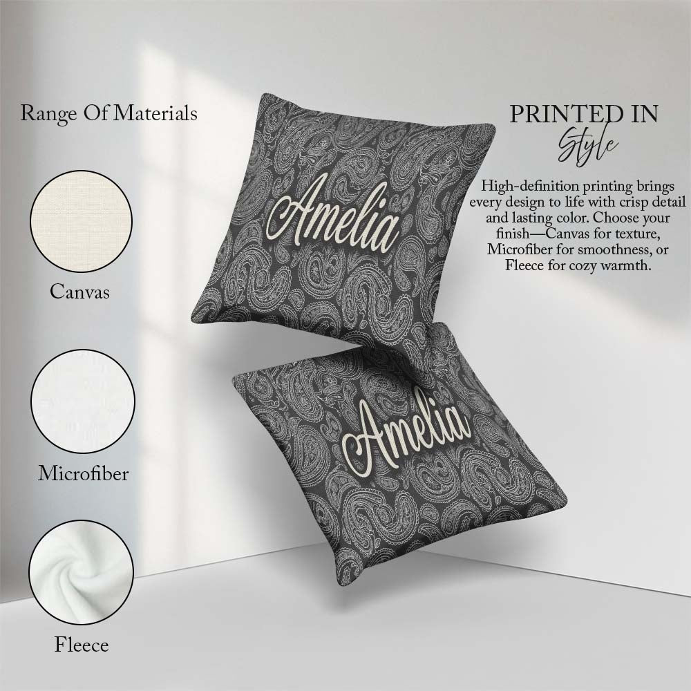 Custom Name Elegant White Paisley Rich Black Gradient Background Square Filled Cushion Throw Pillow Sofa Bed Home Decor Zip Washable UK Made