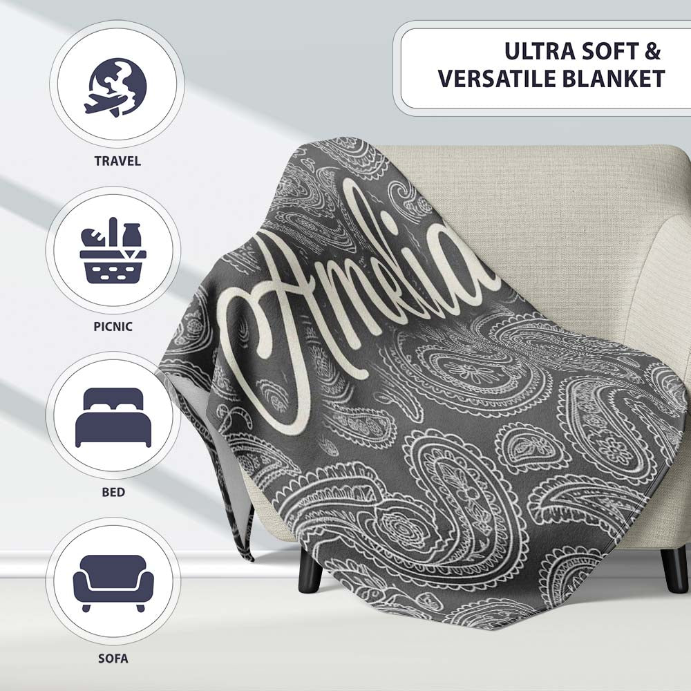 Elegant White Paisley Pattern Rich Black Grey Gradient Background  Personalised Custom Name Super Soft Fleece Blanket Bed Sofa Throw