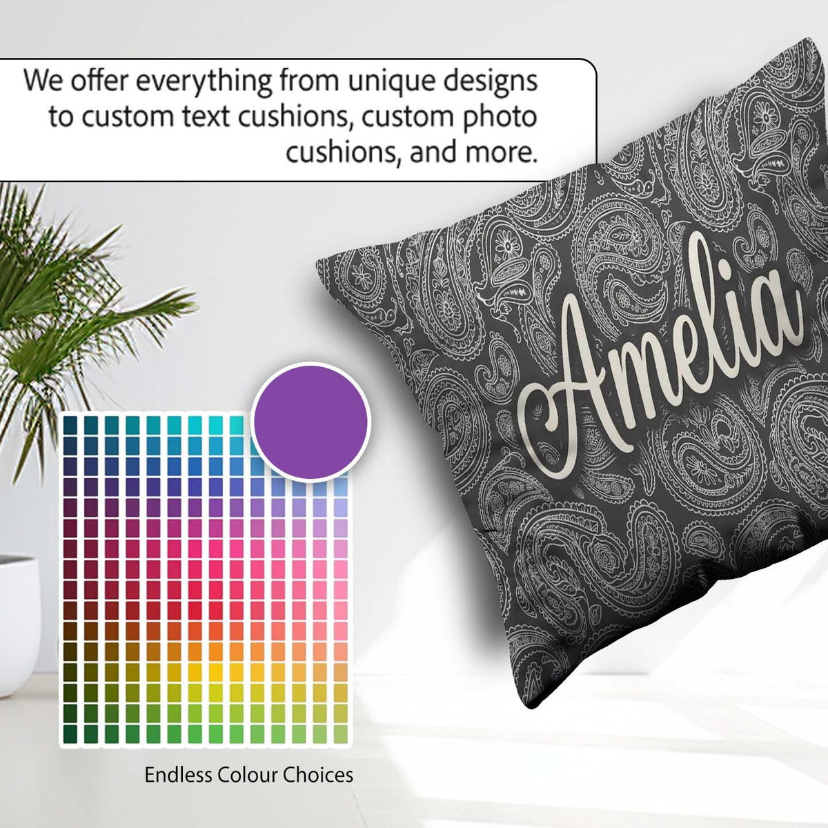 Custom Name Elegant White Paisley Rich Black Gradient Background Square Filled Cushion Throw Pillow Sofa Bed Home Decor Zip Washable UK Made