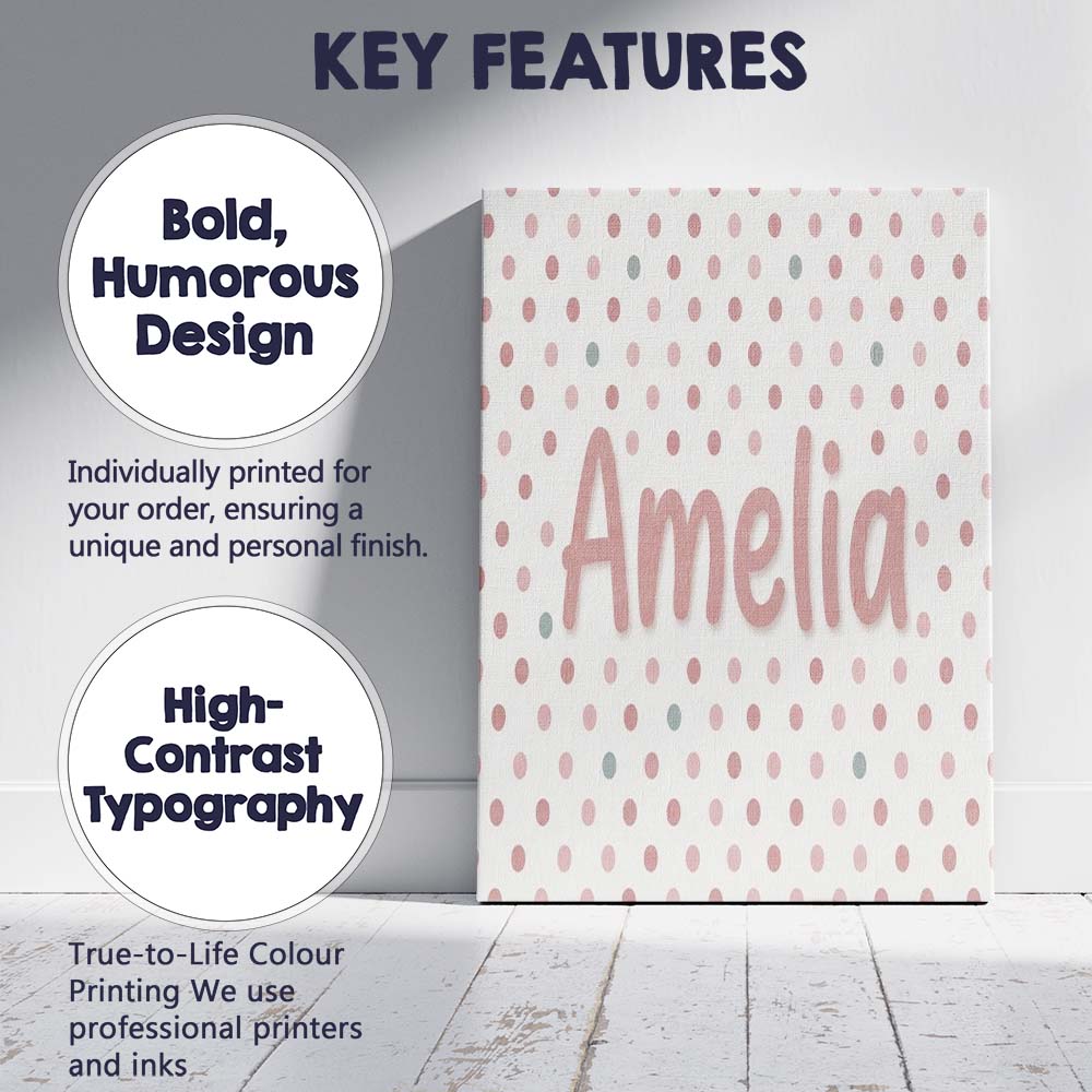 Personalised Name Cute Pastel Polka Dot Custom  Modern Room Accent Elegant Feature Canvas Wall Art Print Decor Picture Ready to Hang