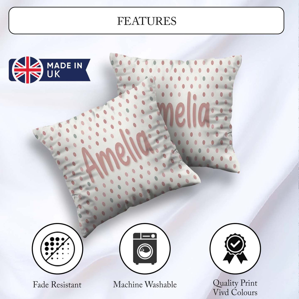 Custom Name Cute Pastel Polka Dot Confetti Pattern Soft Neutral Square Filled Cushion Throw Pillow Sofa Bed Home Decor Zip Washable UK Made