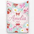 Cute Cherry Bow Daisy Heart Seamless on Mint and Pink Gingham Lovely  Personalised Custom Name Super Soft Fleece Blanket Bed Sofa Throw