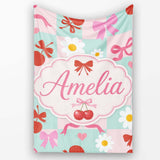Cute Cherry Bow Daisy Heart Seamless on Mint and Pink Gingham Lovely  Personalised Custom Name Super Soft Fleece Blanket Bed Sofa Throw