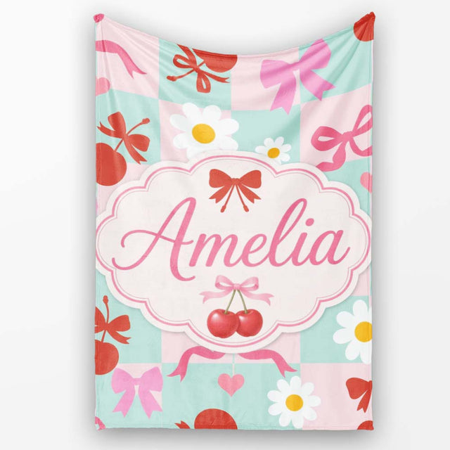 Cute Cherry Bow Daisy Heart Seamless on Mint and Pink Gingham Lovely  Personalised Custom Name Super Soft Fleece Blanket Bed Sofa Throw